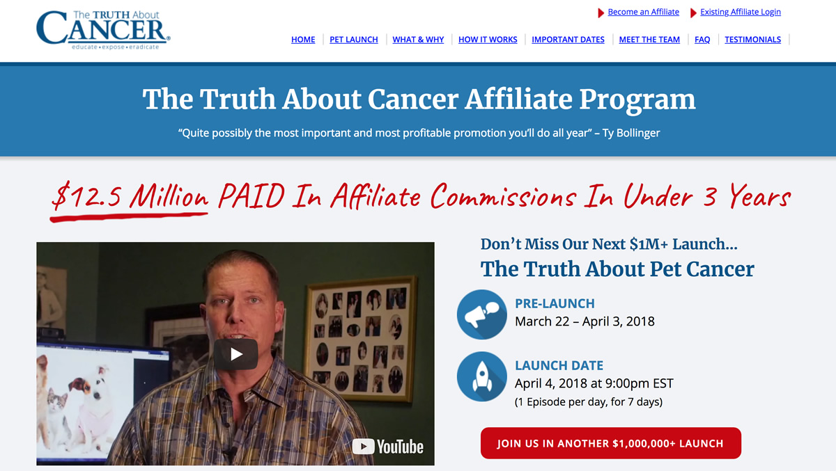 Screenshot of The Truth About Cancer affiliate site