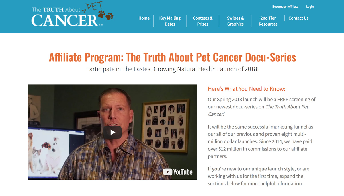 Screenshot of The Truth About Cancer Pets affiliate site